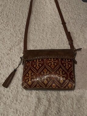 Brown Patterned Leather Crossbody with Tassel Accent